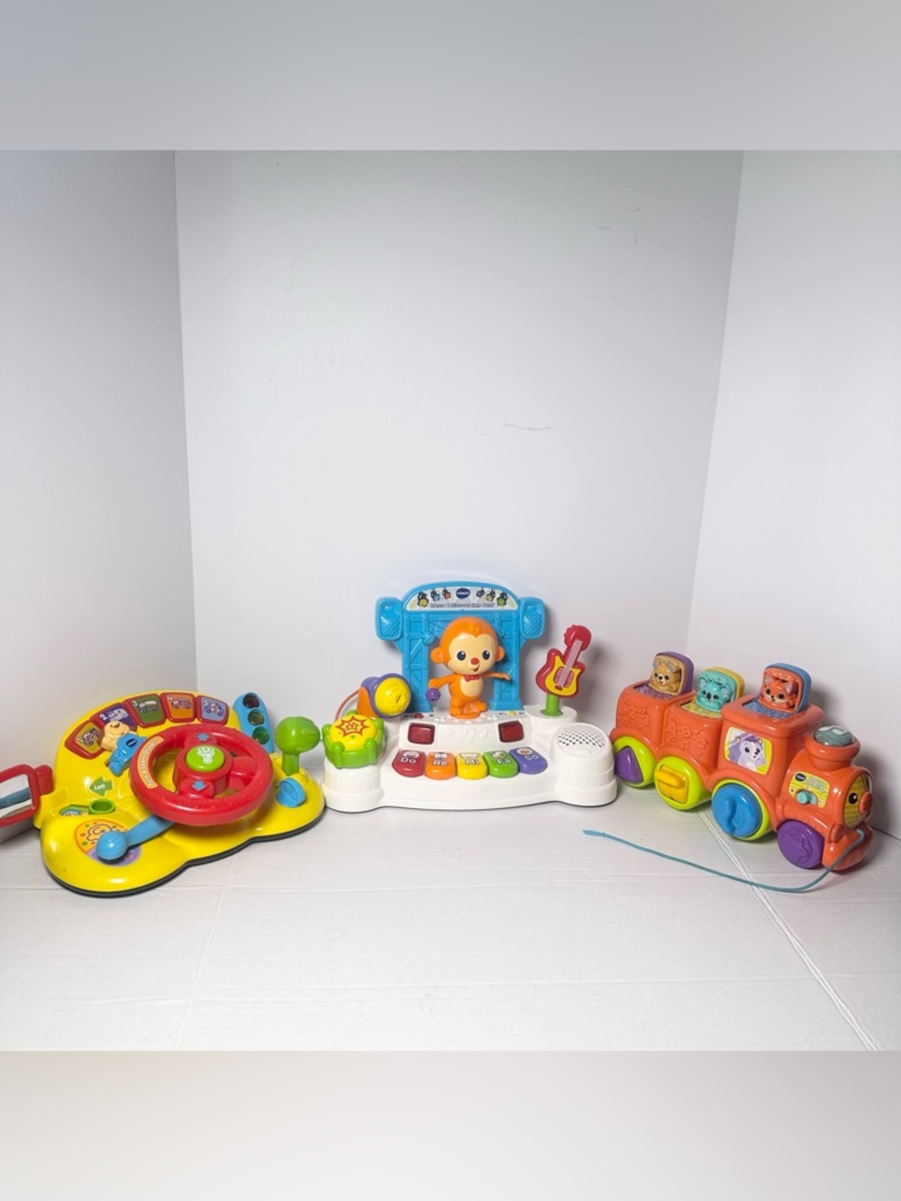 LOT OF 3-VTech MUSICAL Toys-Jam Band-Animal Train-Steering Wheel-ALL WORK-EUC